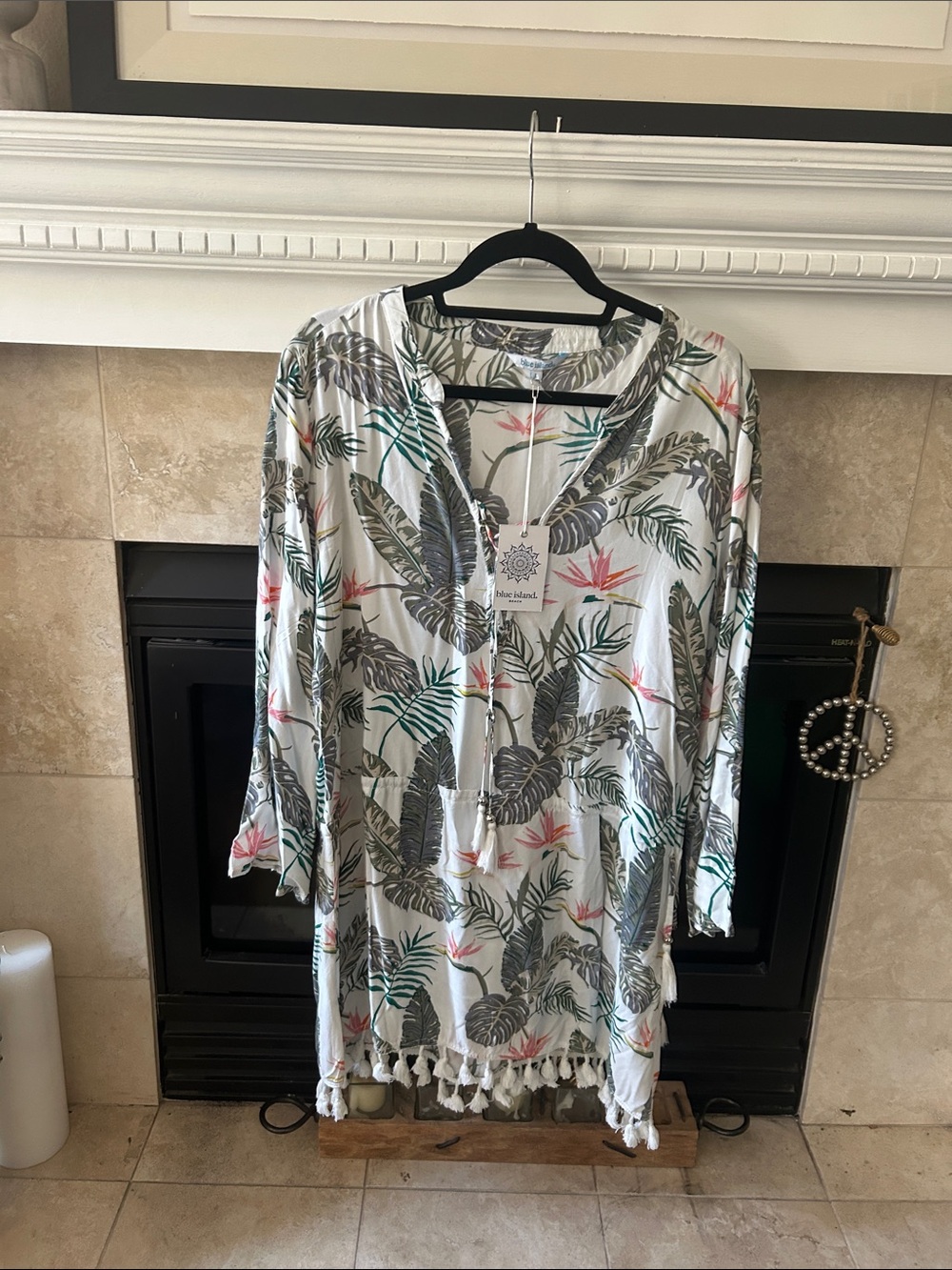 blue island White Tropical Leaf & Pink Floral Swim Coverup with Tassel Hem